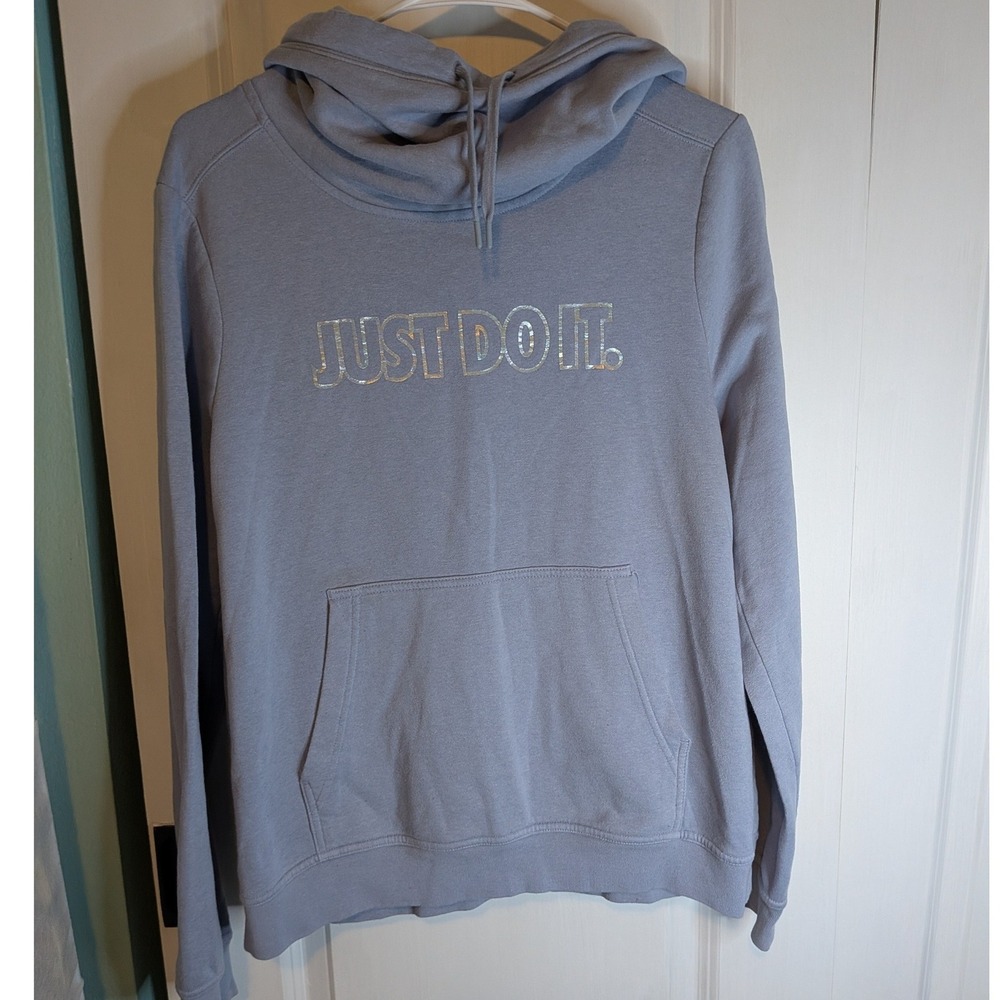 Nike Girls Just Do It Funnel Neck Hoodie Blue Gray Iridescent Silver M Medium